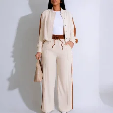 Contrast Color Long Sleeve Drawstring Two Piece Pants Set HNIF-YF012