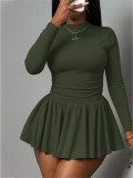 Solid Color Long Sleeve Top Pleated Skirts Suit HNIF-YF193