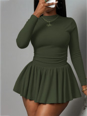 Solid Color Long Sleeve Top Pleated Skirts Suit HNIF-YF193