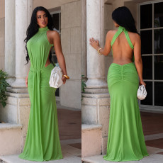 Sleeveless Solid Color Backless Maxi Dress BY-7812