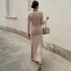 Long Sleeve Ruched Irregular Maxi Dress BLG-D5819901A