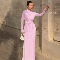 Solid Color Long Sleeve Ruched Maxi Dress BLG-D5519165A