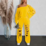 Solid Color Holes Sport Two Piece Pants Set HNIF-HZ6120
