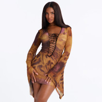 Hollow Out Mesh Tie Up Mini Dress GDSF-J26DS391