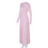 Solid Color Long Sleeve Ruched Maxi Dress BLG-D5519165A