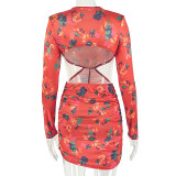 Long Sleeve Printed Ruched Mini Dress GJYO-JD305781