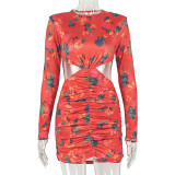 Long Sleeve Printed Ruched Mini Dress GJYO-JD305781