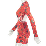 Long Sleeve Printed Ruched Mini Dress GJYO-JD305781