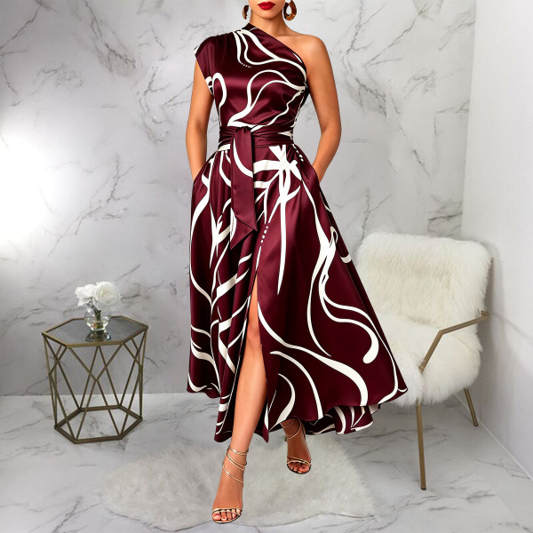 Slash Shoulder Printed Lace Up Split Midi Dress YF-11116