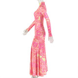 Long Sleeve Printed Split Maxi Dress GJYO-JD305697