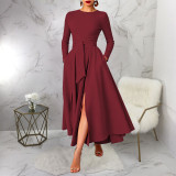 Long Sleeve Solid Color Tie Up Maxi Dress YF-11134