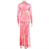 Long Sleeve Printed Split Maxi Dress GJYO-JD305697