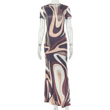 Color Block Short Sleeve Printed Maxi Dress GJYO-JD305660