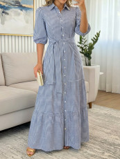 Long Sleeve Stripe Belt Shirt Dress GYLY-10973