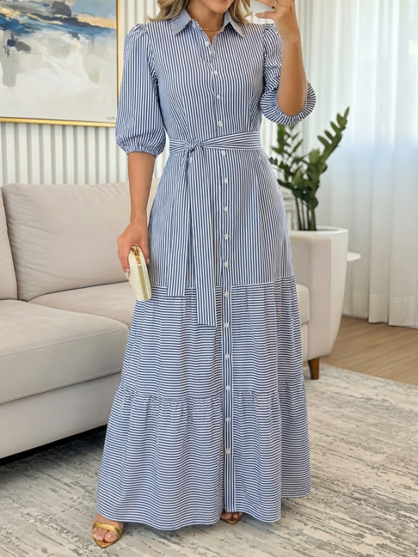 Long Sleeve Stripe Belt Shirt Dress GYLY-10973