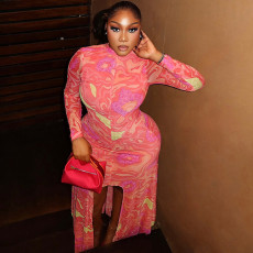 Long Sleeve Printed Split Maxi Dress GJYO-JD305697