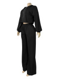 Fashion Hooded Coat And Drawstring Wide-Leg Pants Two Piece Set CH-26051