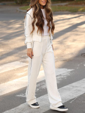 Contrast-Color Striped Zipper Coat Wide-Leg Pants Casual Sports Two Piece Set HNIF-MC006