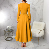 Long Sleeve Solid Color Tie Up Maxi Dress YF-11134