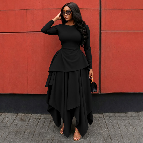 Long Sleeve Ruffles Irregular Maxi Dress YF-11117