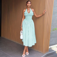 Halterneck V Neck Plaid Maxi Dress GJYO-JD305785