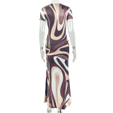 Color Block Short Sleeve Printed Maxi Dress GJYO-JD305660