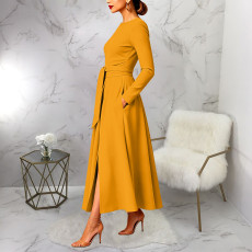 Long Sleeve Solid Color Tie Up Maxi Dress YF-11134