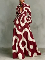 Plus Size Retro Print Loose Long Sleeve Maxi Dress GQLK-KG-6697