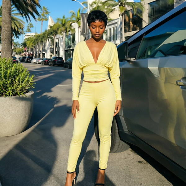 Deep V Neck Solid Color Two Piece Pants Set MXBF-J26ST403