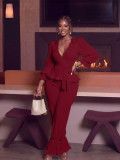 Lantern Sleeve Solid Color Tie Up Two Piece Pants Set ZDF-33559