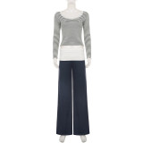 Stripe Lace Patchwork Two Piece Pants Set GPKJ-MR51963