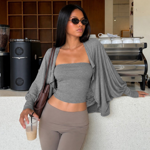 Solid Color Wrap Chest Top+Bat Sleeve Cardigan 2 Piece Top GPKJ-MR51985