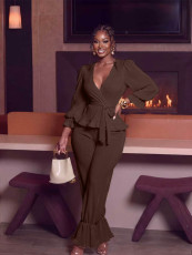 Lantern Sleeve Solid Color Tie Up Two Piece Pants Set ZDF-33559
