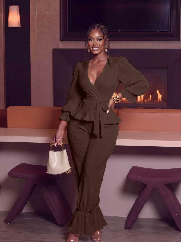 Lantern Sleeve Solid Color Tie Up Two Piece Pants Set ZDF-33559
