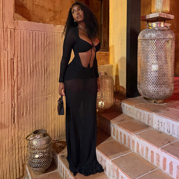 Solid Color Hollow Out Maxi Dress GJYO-JD305918