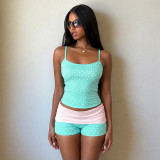 Polka Dot Printed Reversible Sling Top Two Piece Shorts Set GPKJ-MR51133