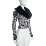 Fur Neck Blazer Printed Top MXBF-J26TP436