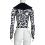 Fur Neck Blazer Printed Top MXBF-J26TP436