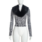 Fur Neck Blazer Printed Top MXBF-J26TP436