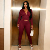 Deep V Neck Solid Color Two Piece Pants Set MXBF-J26ST403