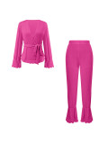 Lantern Sleeve Solid Color Tie Up Two Piece Pants Set ZDF-33559