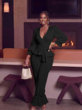 Lantern Sleeve Solid Color Tie Up Two Piece Pants Set ZDF-33559