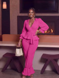 Lantern Sleeve Solid Color Tie Up Two Piece Pants Set ZDF-33559
