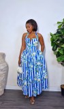 Plus Size Sleeveless Halterneck Printed Ruched Maxi Dress GXIN-8995