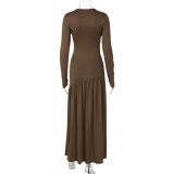 Long Sleeve Solid Color Ruched Maxi Dress BLG-D5619385A
