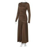 Long Sleeve Solid Color Ruched Maxi Dress BLG-D5619385A