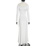 Solid Color Long Sleeve Fur Neck Maxi Dress GSZM-C26DS379