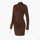 Long Sleeve Ruched Solid Color Mini Dress BLG-D5619402A