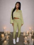 Stripe V Neck Long Sleeve Top Pants Suit GTGE-MH1053