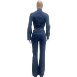 Fashion Denim Long Sleeve Zipper Two Piece Pants Set NYF-8219